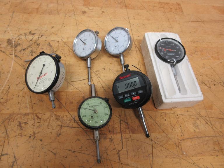 Travel Indicators (5) 0-1" and (1) 0-.250", TeClock, Starrett, Federal and Fowler.