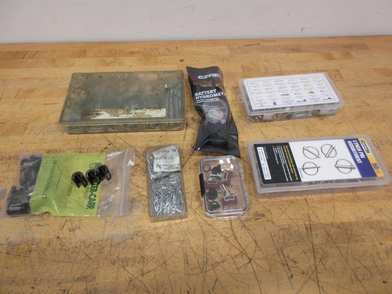 Assorted Hardware Sets, Cotter Pins, Brake Fittings, Lynch Pins, Battery Hydrometer, On/Off Switches