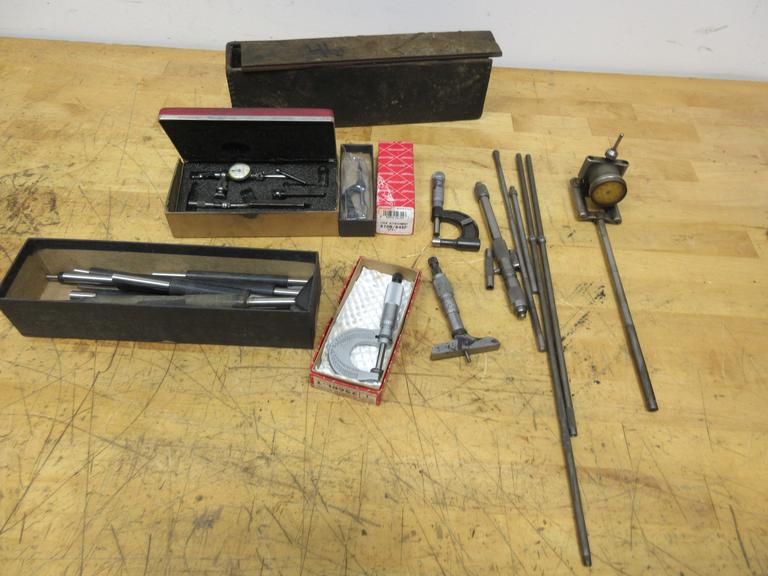 Starrett Tools, 0-1" Pad Micrometer, 0-1" Tube Mic, 0-1" Depth Mic, Last Word .005 Indicator, 8-24" Inside Mic, Mic Standards, Antique Bore Guage
