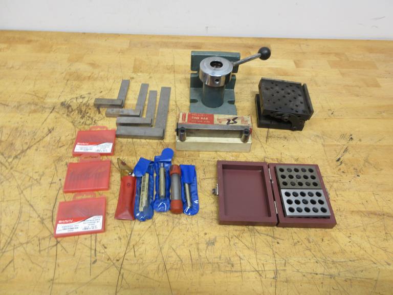 Machinist Set Up Tools, 4 - 7" Squares, Edge Finders, Micro 5" Sine Bar, Horizontal/Vertical 5C Collet Fixture, 4" x 4" Angle Fixture, 1-2-3 Blocks, 6" x 1/8" Parallel Set
