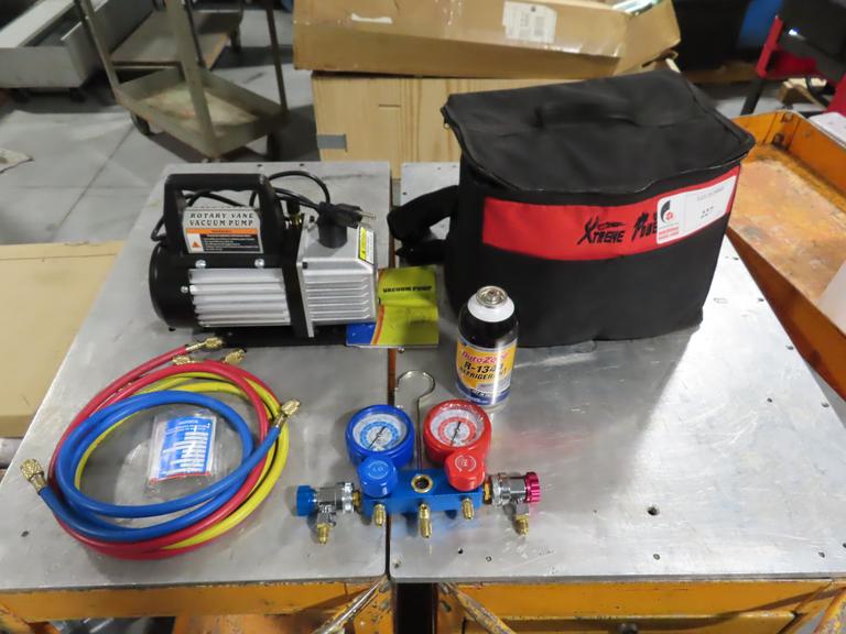 Rotary Vane Vacuum Pump with R134A Manifold Gage Set, Refrigerant Charging Hose Set and R-134A Refrigerant and Case.