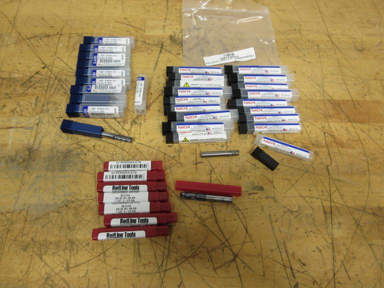 Solid Carbide End Mills **All New In Packages**, (10) Garr 22mm 5FL SQ, (18) Nachi 5/16" 3FL SQ, (7) Redline 3/8" 4FL Ball