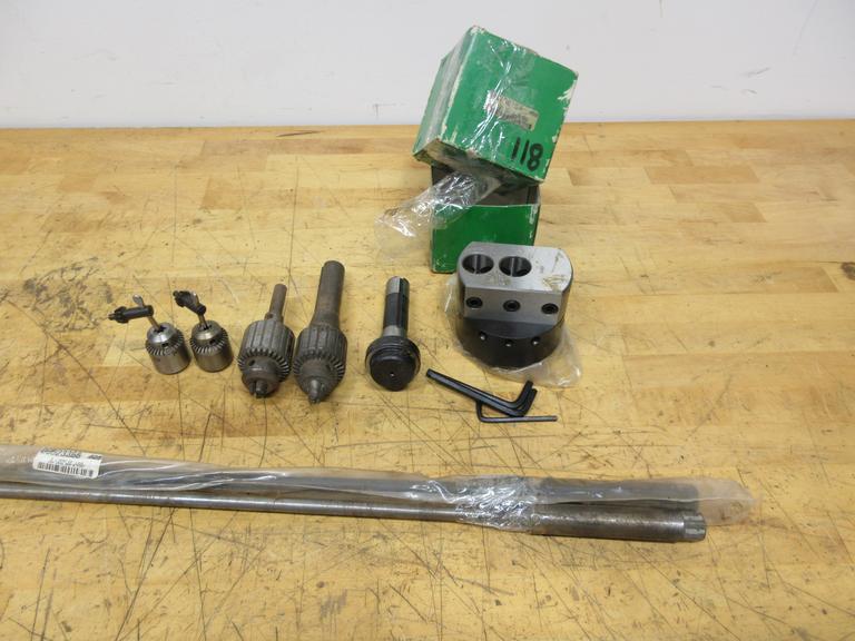 R8 Tool Holders, (1) Valu-Bore Offset Boring Head 4" x 1", (1) Jacobs #32 Keyed Chuck, (2) Bridgeport 2J Draw Bars *New and Used*,  (2) Jacobs 7B Keyed Chucks