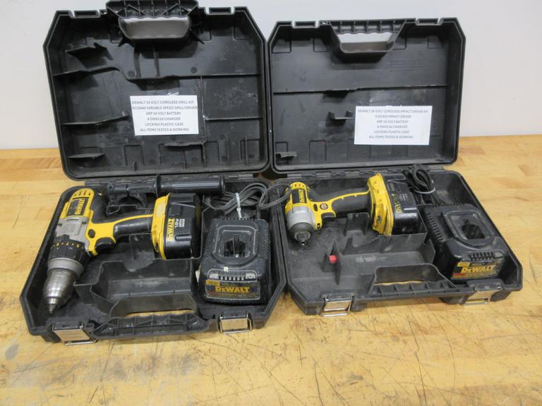 Dewalt 18 Volt Variable Speed Drill DCD940, and 1/4" Impact Driver DC825, Both with Batteries, Chargers and Carry Cases