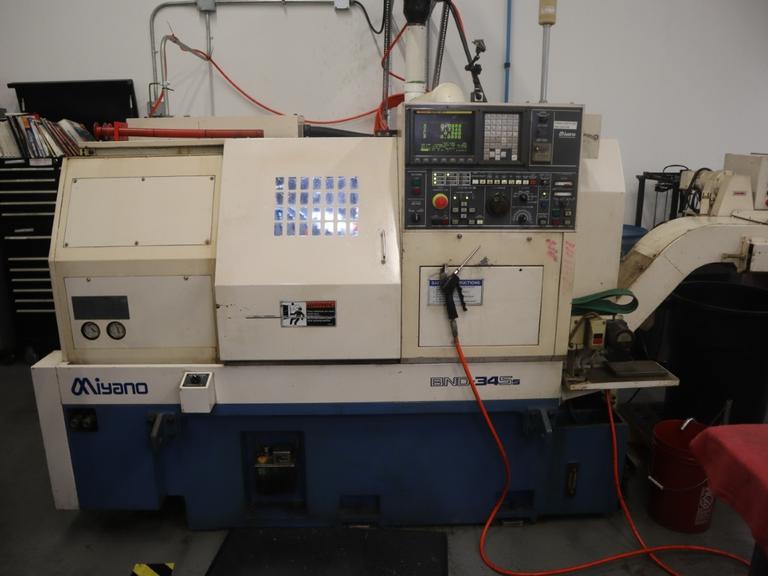 Miyano BND-34S CNC Lathe, C-Axis on Main and Sub-Spindle, 12 Station Turret, Parts Catcher & Conveyor, Chip Conveyor