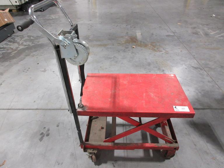 Scissor Lift Rolling Die Cart 38" x 20" Platform, Repaired Handle and Boat Winch Lift System