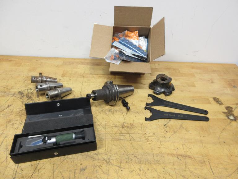 Redline CAT50 Shell Mill Holder, Sandvik 4.5" Shell Mill, ER32 Collet Wrenches, Box of Loc-Line, Zebra Refractometer, 3 Uknown Tool Holders