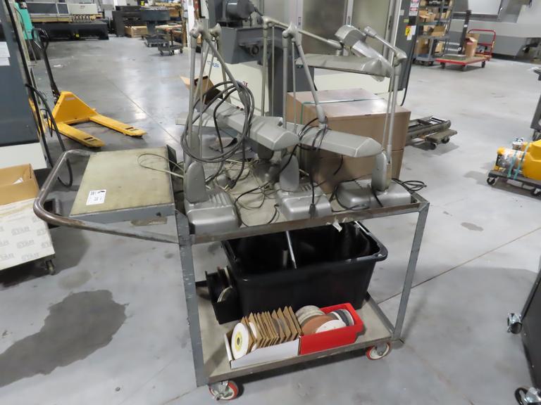 Cart with Contents including Desk Top Lamps, Desktop Light Magnifying Lense, Tote of Height Stands and More!