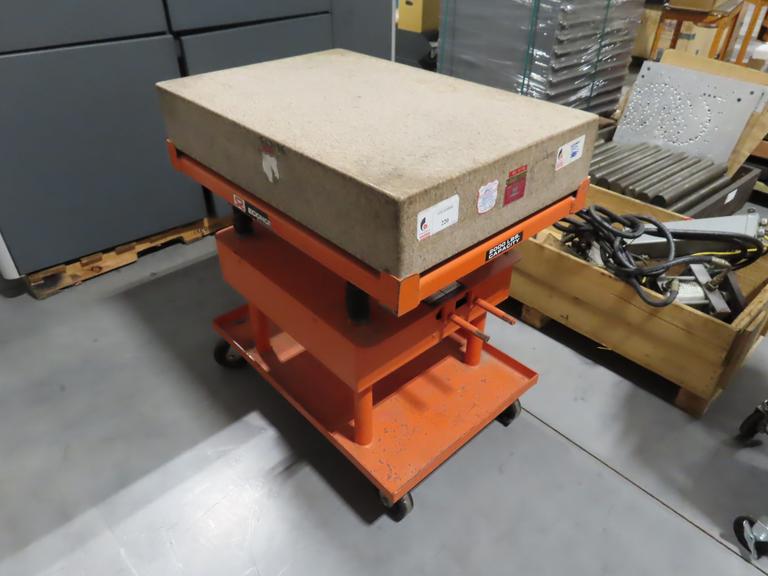 Herman Pink Granite Surface Plate 24"x36"x6.5" on Economy Die Lift Cart 2000 lb Capacaity Lift Cart, Adjustable Height