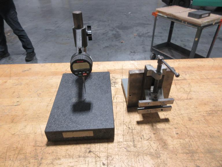 Granite Height Stand with Starrett Digital 1" Travel Indicator *Does Turn On* , Angle Plate 6"x6"x6" with Small Vise Mounted