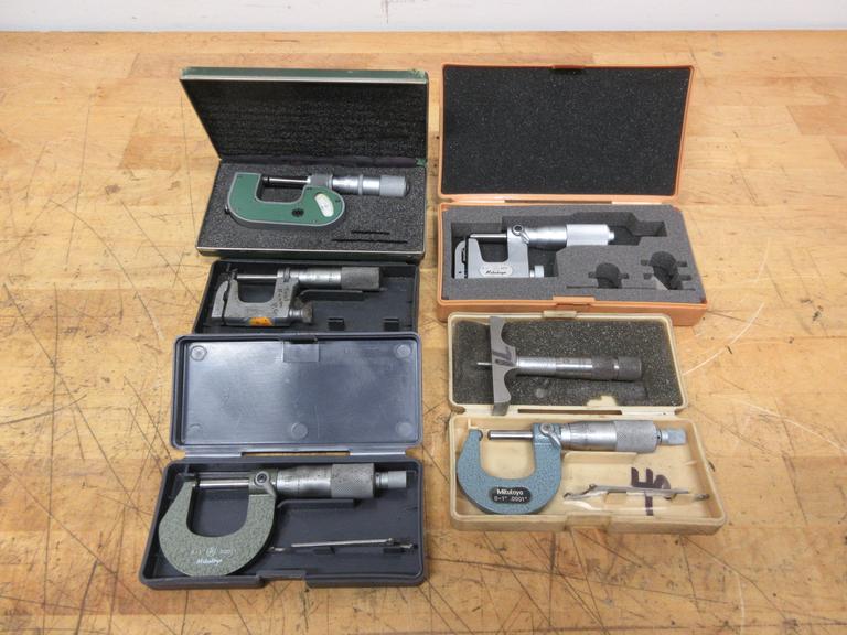 Micrometers | (2) Mitutoyo 0-1" Wall Mics, (1) Mitutoyo (1) Starrett 0-1" Wall Mic, (1) Lufkin 0-1" Pressure Mic, Brown & Sharpe 0-1" Depth Mic