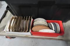 Cart with Contents including Desk Top Lamps, Desktop Light Magnifying Lense, Tote of Height Stands and More!