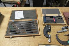 Micrometers Mostly Vernier Type some Digital, Various Brands and Blade Styles, and Box Of Setting Standards