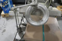 Cart with Contents including Desk Top Lamps, Desktop Light Magnifying Lense, Tote of Height Stands and More!