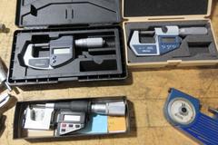 Micrometers Mostly Vernier Type some Digital, Various Brands and Blade Styles, and Box Of Setting Standards