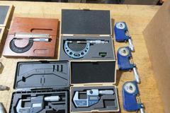 Micrometers Mostly Vernier Type some Digital, Various Brands and Blade Styles, and Box Of Setting Standards
