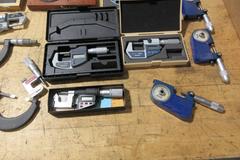 Micrometers Mostly Vernier Type some Digital, Various Brands and Blade Styles, and Box Of Setting Standards