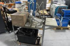 Cart with Contents including Desk Top Lamps, Desktop Light Magnifying Lense, Tote of Height Stands and More!