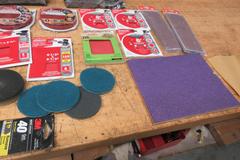 Sanding Pads and Paper Assorted Types, Steel Wool, 14" Masterforce Backsaw with Miter Box
