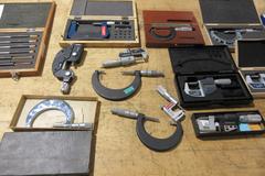 Micrometers Mostly Vernier Type some Digital, Various Brands and Blade Styles, and Box Of Setting Standards