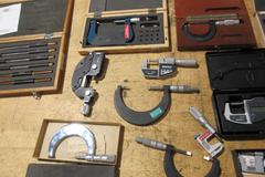 Micrometers Mostly Vernier Type some Digital, Various Brands and Blade Styles, and Box Of Setting Standards