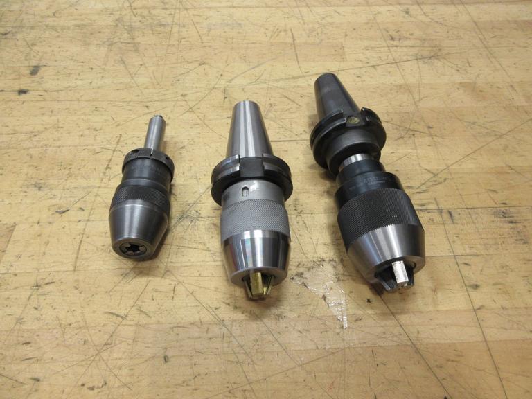 Keyless Drill Chucks (3pcs), (1) Rohm 0-10mm 5/8" Shank, (1) Dorian Tool 1/16 - 1/2" on CAT40, (1) Albrecht 1/8 - 5/8" on CAT40