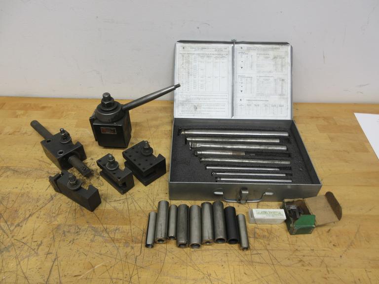 Aloris CXA Tool Post and (4) Assorted Holders, with Everede Tool Co. Boring Bar Set with Sleeves and Cutting Inserts