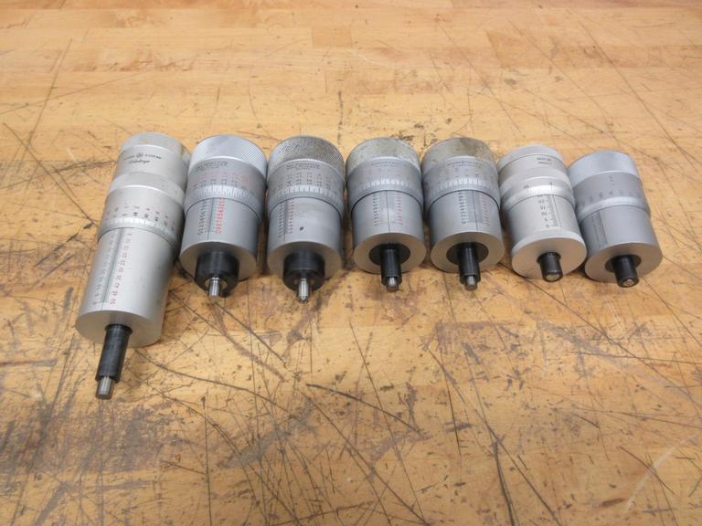 Precision Micrometer Heads (7pcs), 0-1" and 0-50mm Ranges, Starrett, Mitutoyo, Scherr Tumico and Other