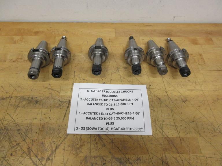 CAT40 ER16 Collet Type Tool Holders (6pcs), (2) Accutek 4" Gage Length Balanced to 15000 RPM, (3) GS (Sowa) 3.5" Gage Lenght, (1) Accutek 4" Gage Balanced 25000 RPM