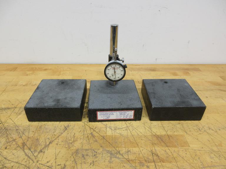 Black Granite Surface Plate 6" x 6" with Post and Starrett .001" x 1" Travel Indicator and (2) Spare Granites 6" x 6" x 2"