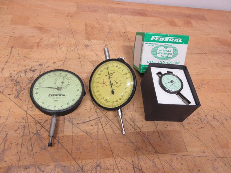 Dial Travel Indicators (3pcs) , (1) Federal 3" Face 1/2" Travel .0001" Res, (1) Brown & Sharpe 3" Face 1" Travel .002mm Res, (1) Federal 1" Face .0005" Res .09" Travel