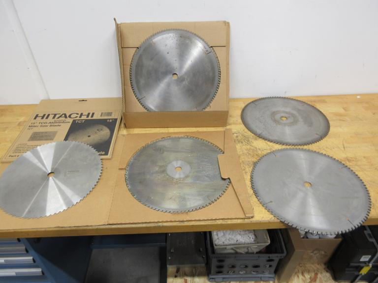 Cut-Off Saw Blades (4) Carbide Tipped Nap Gladu, Leuco and Other 16" x 1" **Used But Still Sharp**, (1) Hitachi 15" x 1" Wood Miter Saw Blade **Looks Unused**