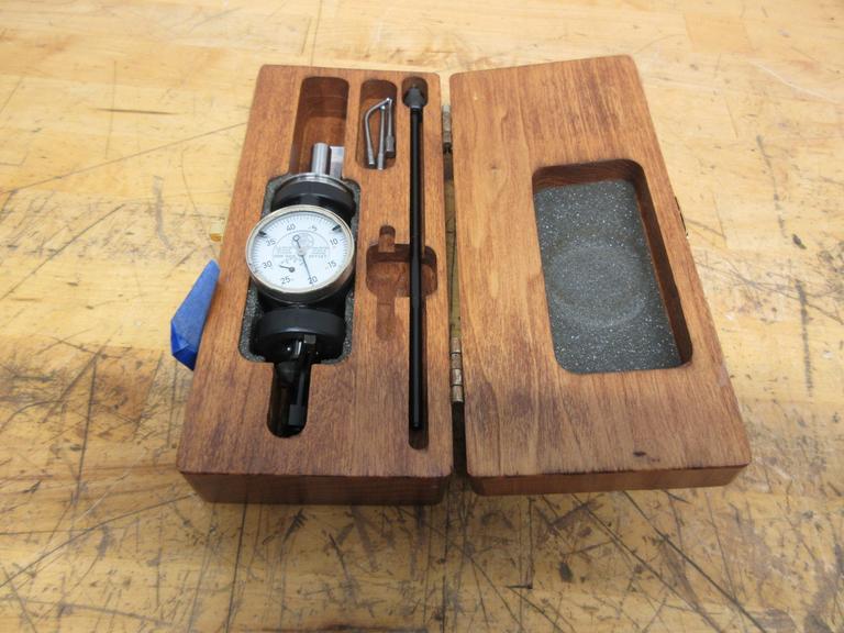 Blake Mfg. Coaxial Indicator .0005" Increments, .125" Travel Range, 1-3/8" Face with Stylus Points in Wood Case