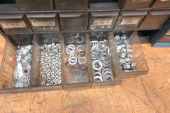 Multibin Organizers with Contents of Brass Fittings, and SAE Nuts