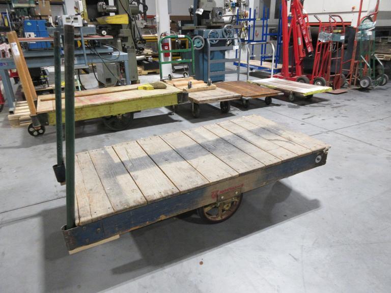 Railroad Style Moving Cart with Large Center Wheel and Swivel End Wheels, Wooden Deck
