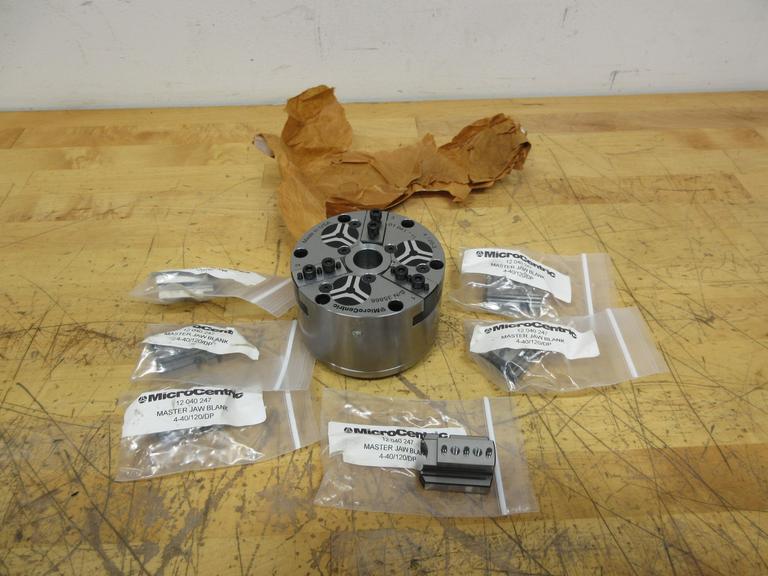 Microcentric 4-120-3, Rotating Air Chucks, 4" 3-Jaw with (6) 12 040 247 Spare Master Jaw Blanks  ***Looks New, Unused***