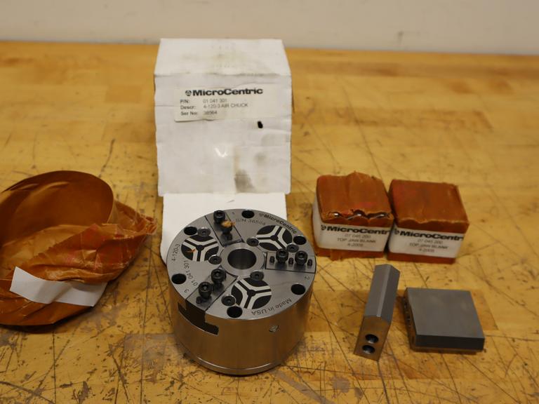 Microcentric 4-120-3, Rotating Air Chucks, 4" 3-Jaw with (2) 07 045 200 Top Jaw Blanks, Missing ***New in Packaging***