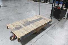 Railroad Style Moving Cart with Large Center Wheel and Swivel End Wheels, Wooden Deck