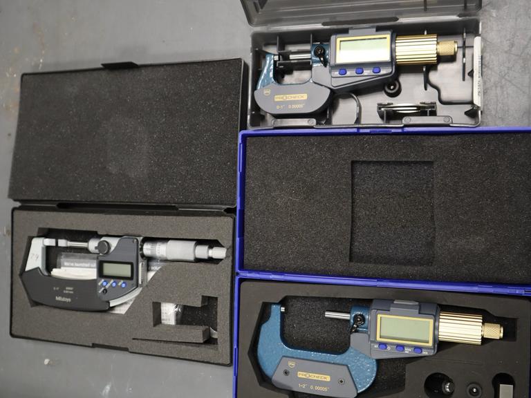 Digital Micrometers (3pcs), (1) Mitutoyo 0.-1" Blade Mic, (1ea.) Pro-Check 0-1" & 1-2" Mic
