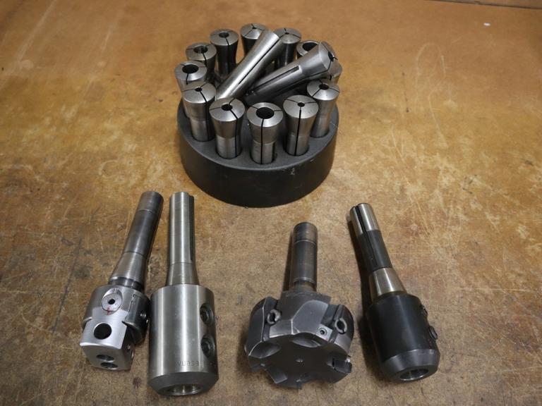 R8 Collets in Carousel, Assorted R8 Tool Holders, End Mill, Boring Head, Shell Mill