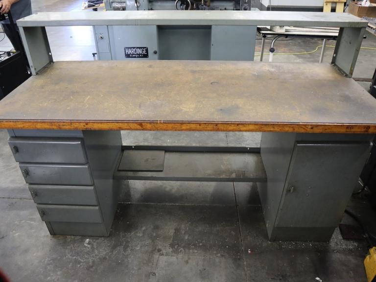 Equipton Work Bench, Wood Top, Upper Shelf, Lower Shelf, Base with 4-Drawers and Cabinet