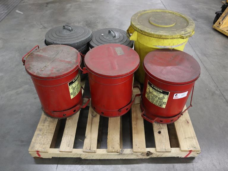 Oily Waste Containers, (3) Just-Rite 10 Gallon Foot Lever Operated, (2) Galvanized Cans With Lids, (1) Plastic Can