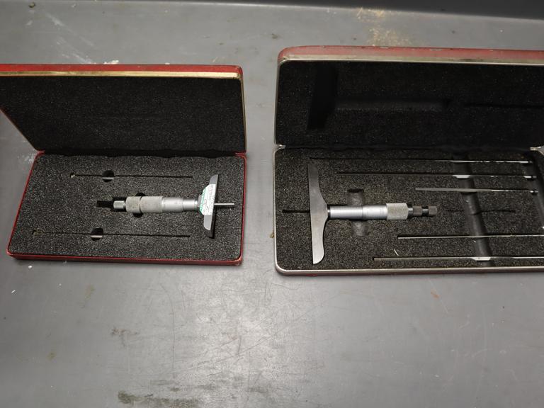Depth Micrometers (2pcs), (1) Starrett 0-6" Blade Depth Mic, (1) Central Tool 0-3" Round Barrell Mic