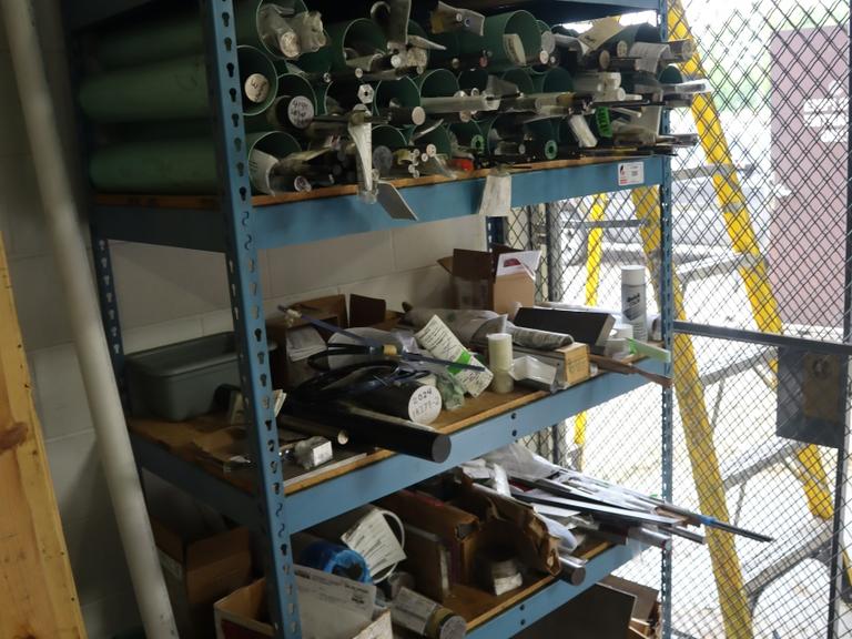 Surplus Aluminum and Steel, Mostly Bars and Rods -Includes Shelving Unit