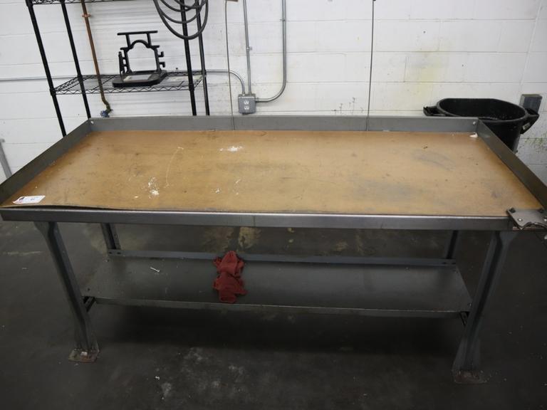 Metal Frame Work Bench with Particle Board Top and CAT40 Tool Vise