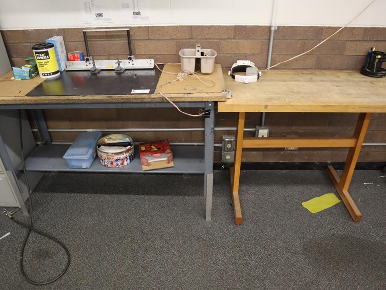Steel Frame Work Bench with Wood Top and Wooden Work Bench with Contents