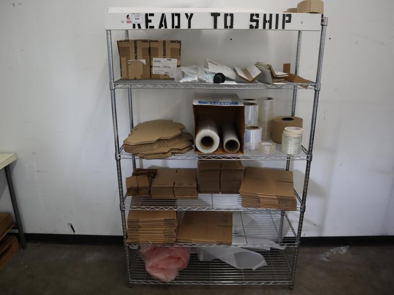 Wire Shelf Unit with 6 Adjustable Shelves, and Contents of Shipping Supplies, Boxes, Shrink Wrap, Corner Protectors and Tape