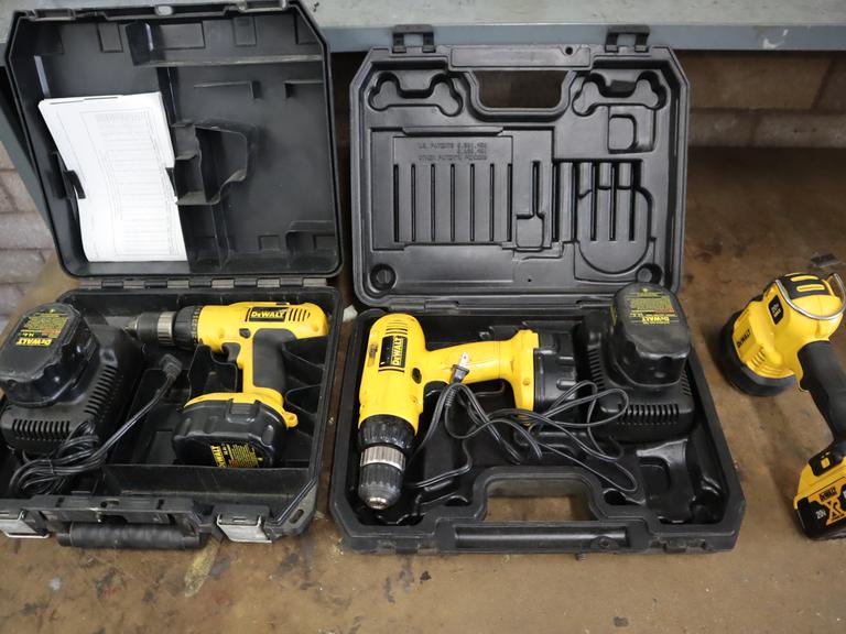 Dewalt 18V Cordless Drills (2), and Cordless 20V Spot Light