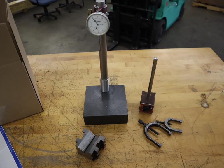 Black Granite Height Stand with Yuasa 1" Travel Indicator, Vee Block, and Mag Base Indicator Stand