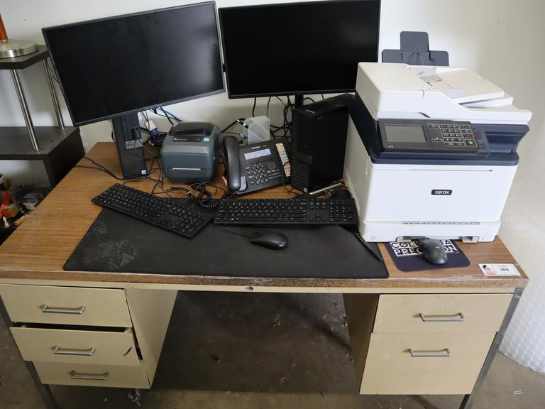 Steel 5 Drawer Shipping Desk with Computer, Monitors, Xerox Scanner Printer